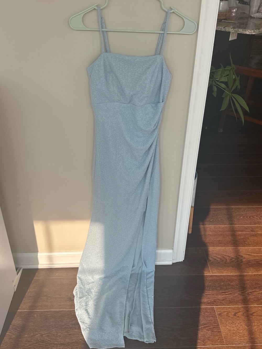 Crystal Doll Light Blue Sparkle Spaghetti-Strap Maxi Dress